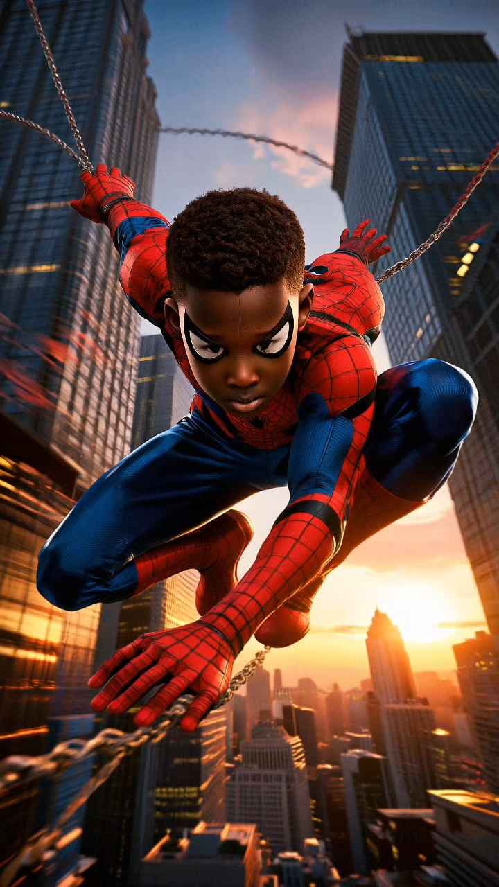 Dier Debwor's Spider-Man swinging between skyscrapers at sunset